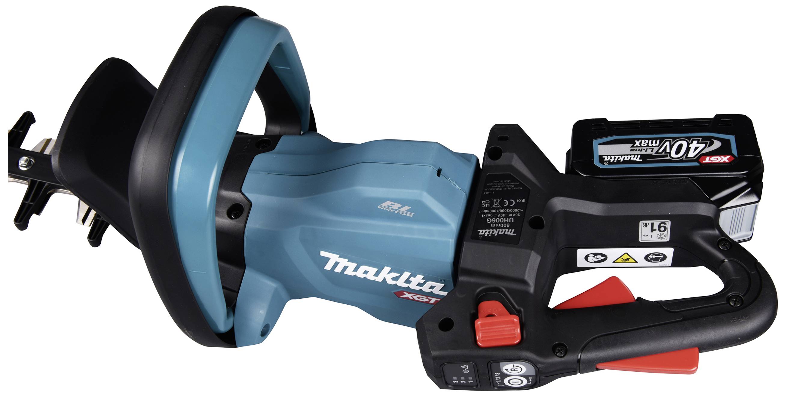Cordless reciprocating saw in blue with a black handle and 40V battery. Brand name visible on the device.