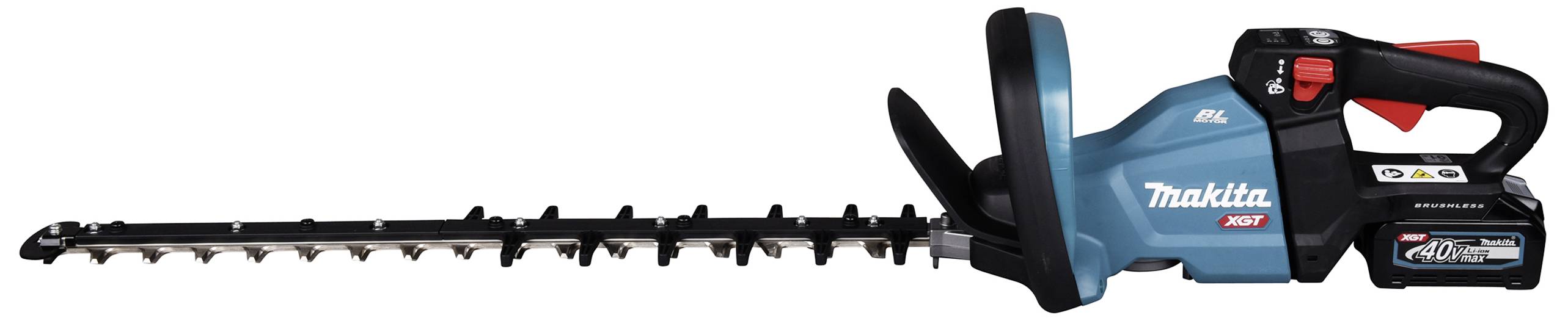 Battery-powered hedge trimmer in blue with a black handle and blade, brand name 'Makita', suitable for garden work and hedge trimming.