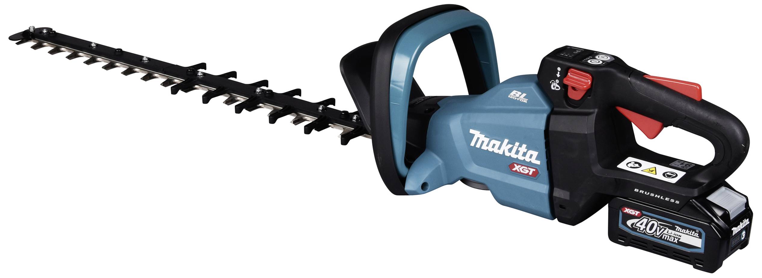 Battery-powered hedge trimmer with a blue casing and black handle, 'Makita' brand, suitable for trimming hedges and shrubs.