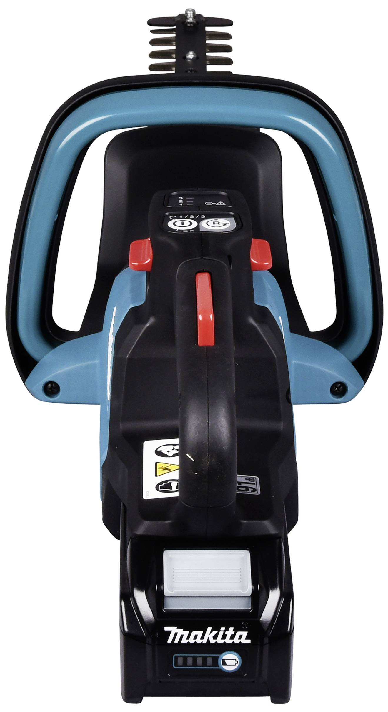 Makita battery-powered blower viewed from the front. The device is finished in blue and black and features control buttons on the top surface.