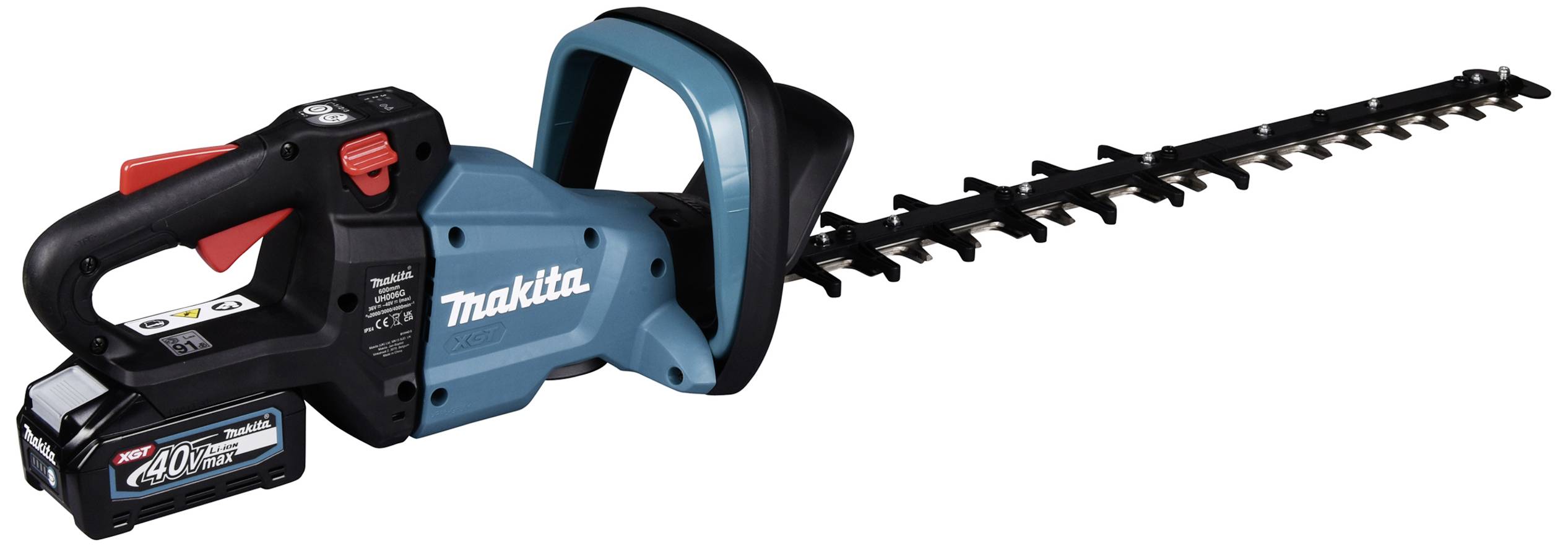 A blue, electric hedge trimmer by Makita with a black blade and handle, battery-powered with a 40V battery.