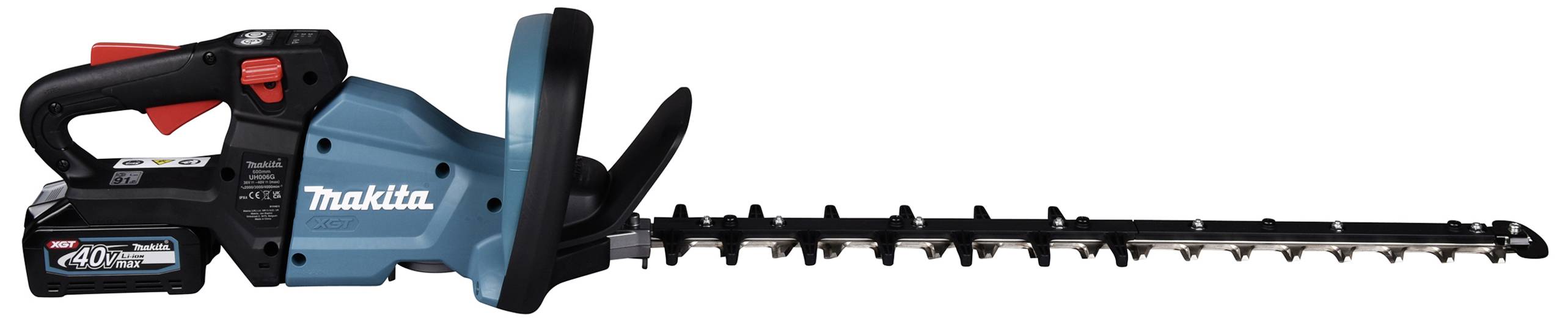 Electric hedge trimmer in blue and black, with a long blade bar. Battery-powered, suitable for garden work.