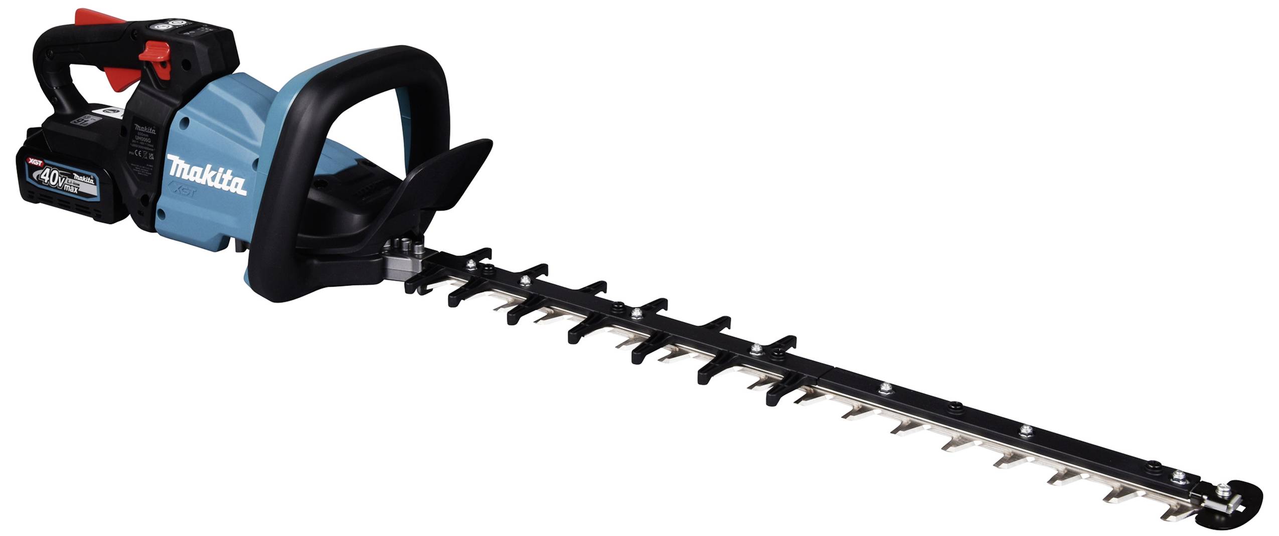 Battery-powered hedge trimmer with a blue casing, black handle and blade, set against a white background. Suitable for garden work.