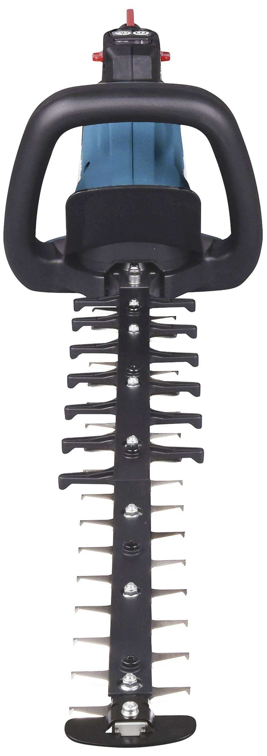 Electric hedge trimmer viewed from above, black handles, long blade with serrated blades for precise cutting.