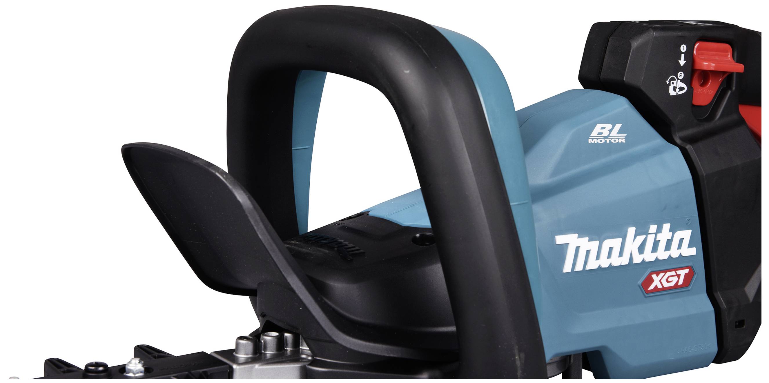 Blue chainsaw with a red switch and 'Makita XGT' logo, fitted with an ergonomic handle and protective shield.