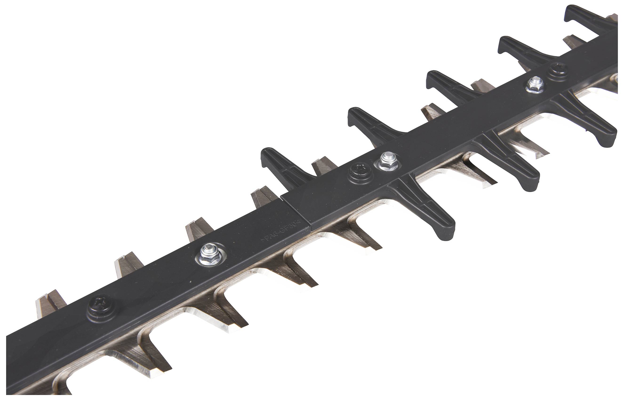Close-up of a hedge trimmer blade with double, serrated steel teeth. Blade is designed for efficient cutting of branches.
