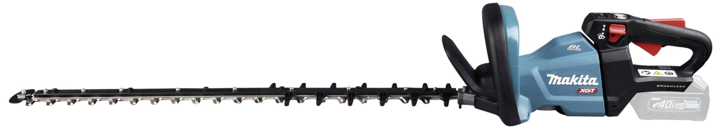 A blue cordless electric hedge trimmer, with an ergonomic handle. The 'Makita' logo is visible on the side.