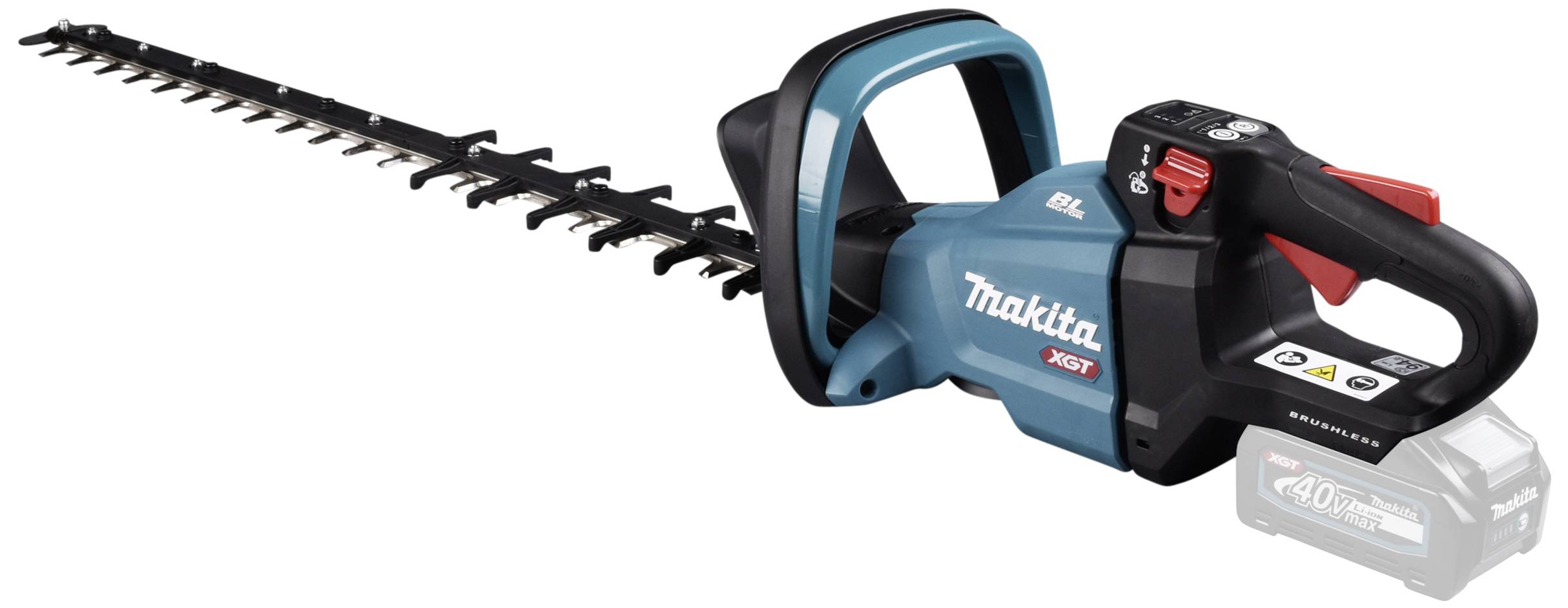 Cordless hedge trimmer with blue casing, red switch and cutting blade. Marked 'Makita XGT'. Photographed on white background.