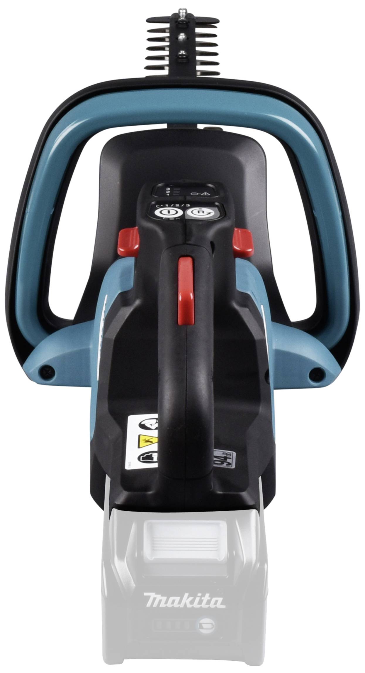 Electric power tool with blue handle and control elements on the top, front view.