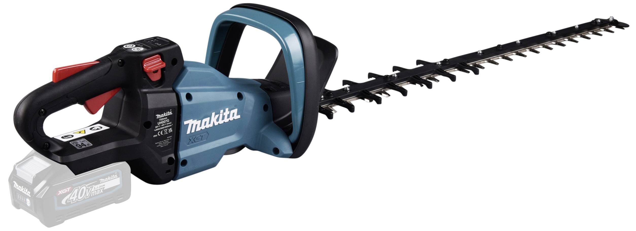 A blue battery-powered hedge trimmer with a red trigger and black blade shows the brand. Suitable for trimming hedges.