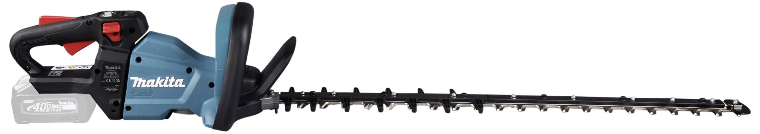 Battery-powered hedge trimmer with blue and black components, long blade and red control elements, suitable for garden pruning.