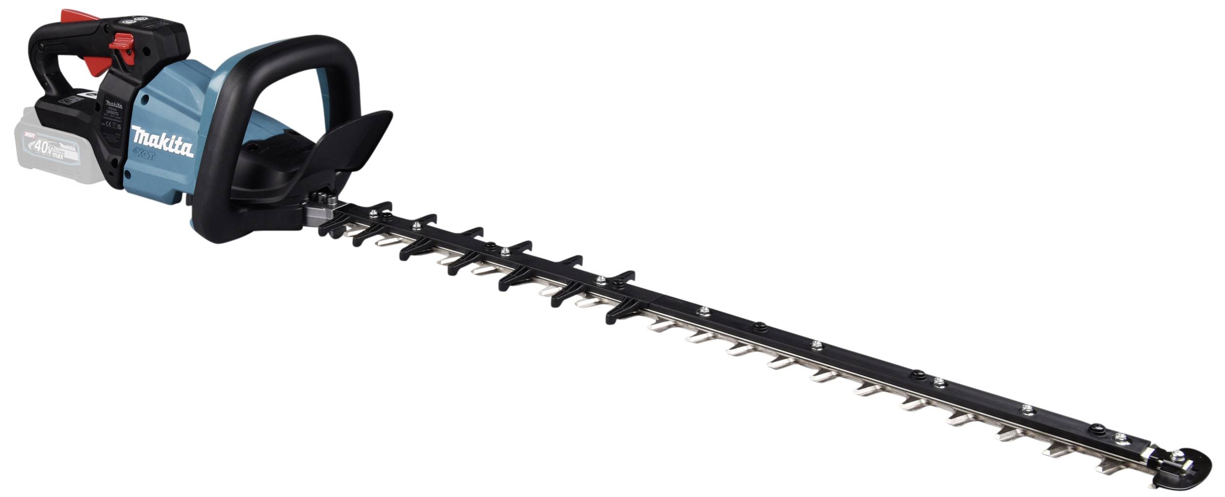 Electric hedge trimmer with a long, serrated cutting blade. Black handle with blue casing. Brand name visible.