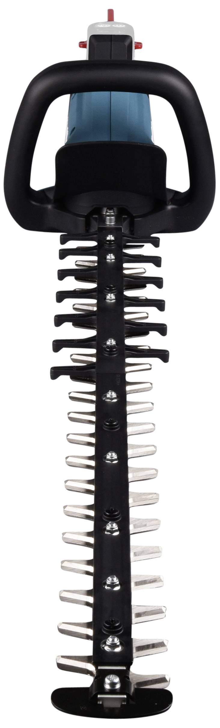 Electric hedge trimmer, photographed frontally from above, with black handles and silver blades.