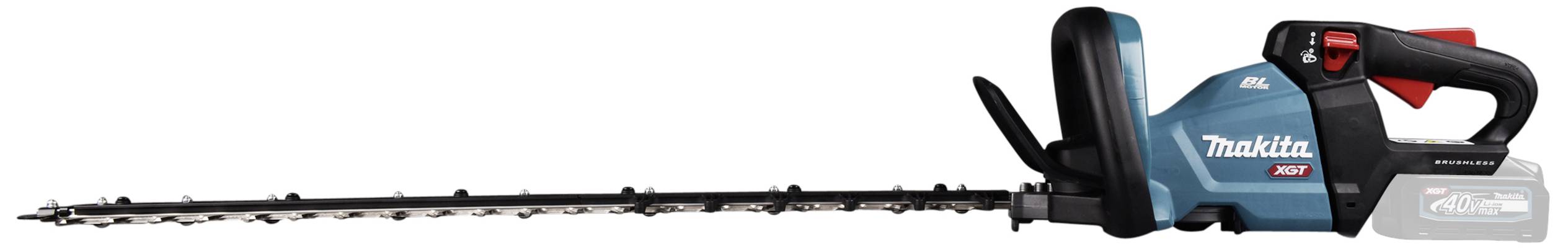 Battery-operated hedge trimmer with long blade, blue-black casing, red release button, ideal for trimming hedges.