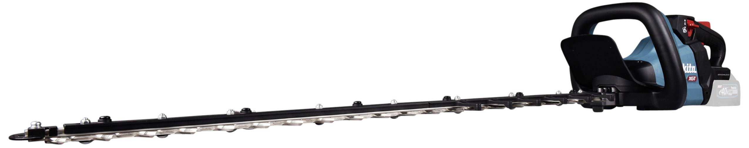 Battery-powered hedge trimmer with long blade bar, ergonomic handle and blue casing, suitable for precise cutting.