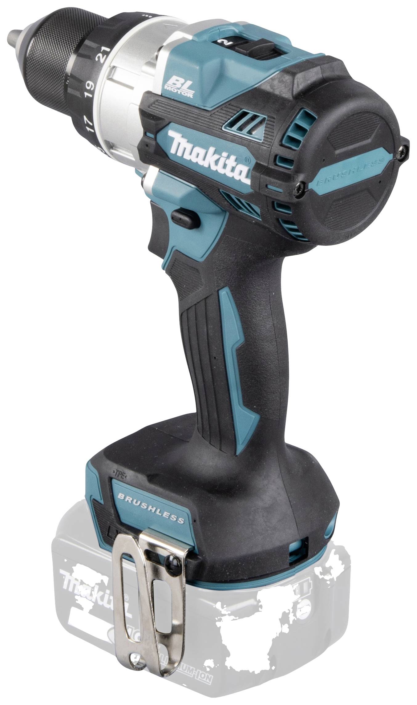 A blue-black-grey cordless drill with a silver chuck and black handle, switched on, featuring the Makita logo on the side.