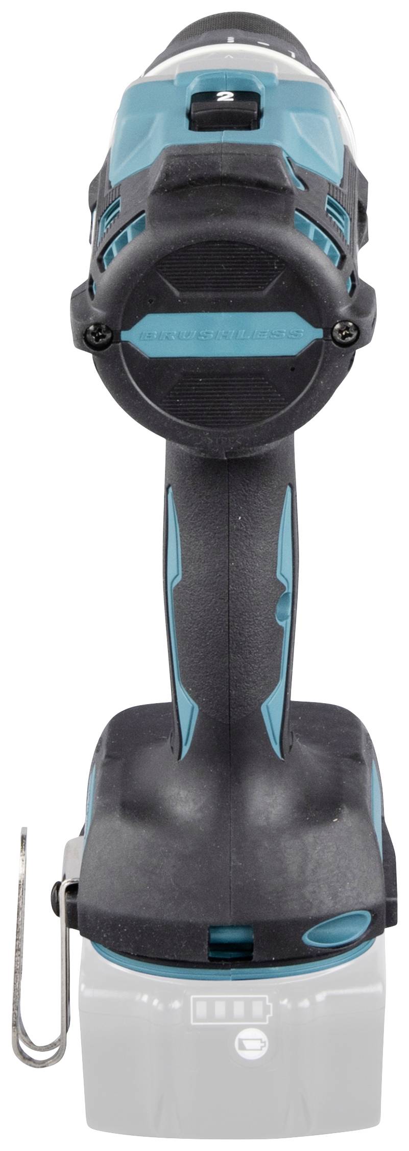 Cordless battery-powered drill driver in blue and black, pictured from the front, with an ergonomic handle and battery located at the base.