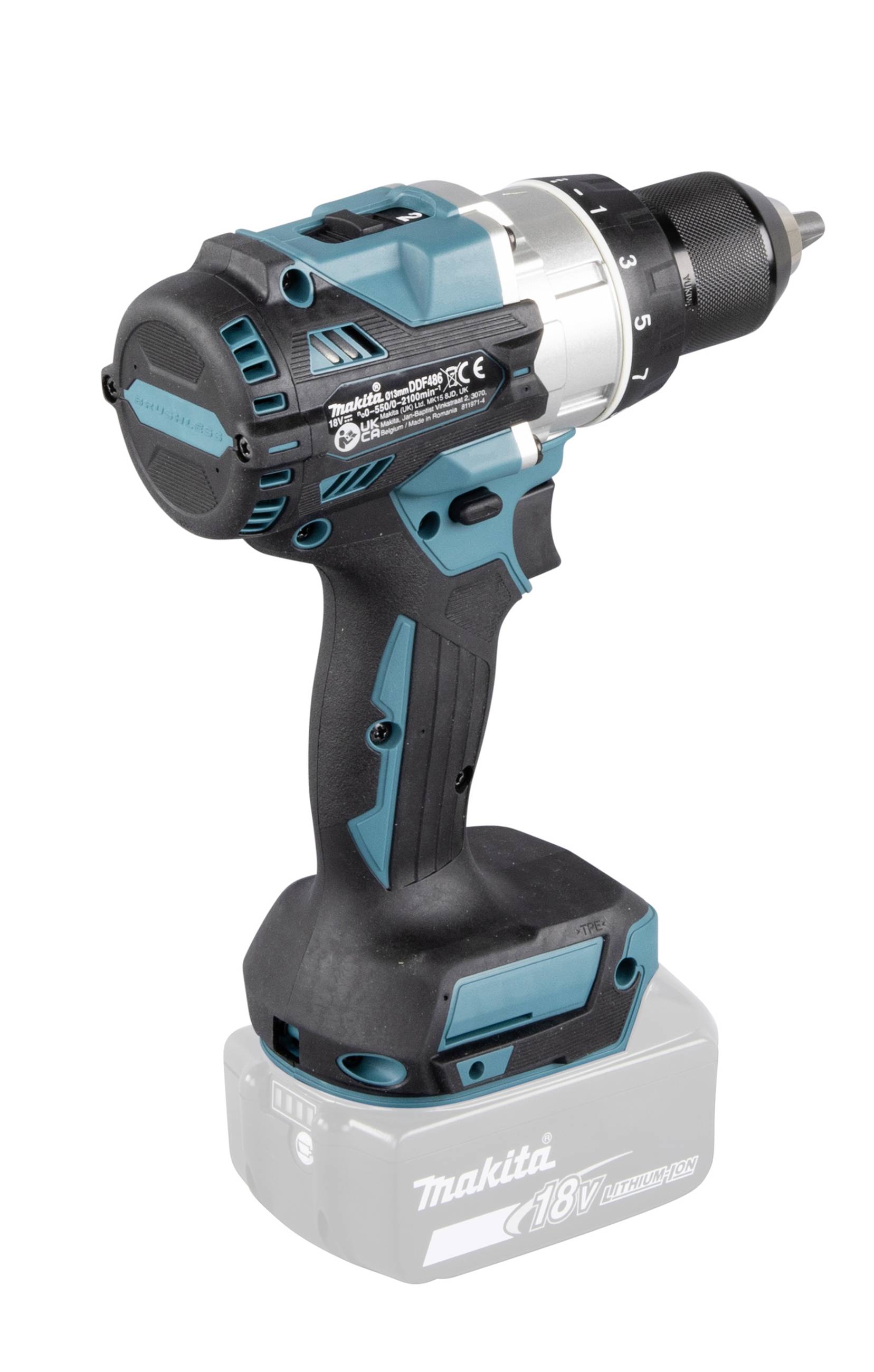 A blue cordless drill with a black handle and silver drill head. 'Makita' logo on the battery pack at the bottom.