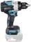 A navy-blue cordless drill driver with a rotating head and variable speed control.