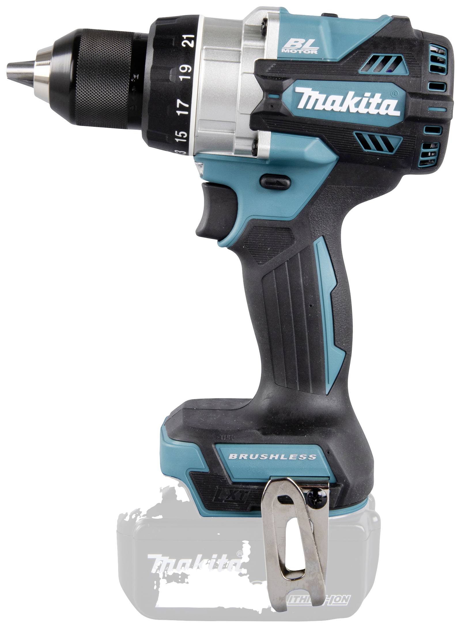 Makita cordless drill with brushless motor, black and blue design and metal chuck on the underside.