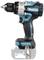 Makita cordless drill with brushless motor, black and blue design and metal chuck on the underside.