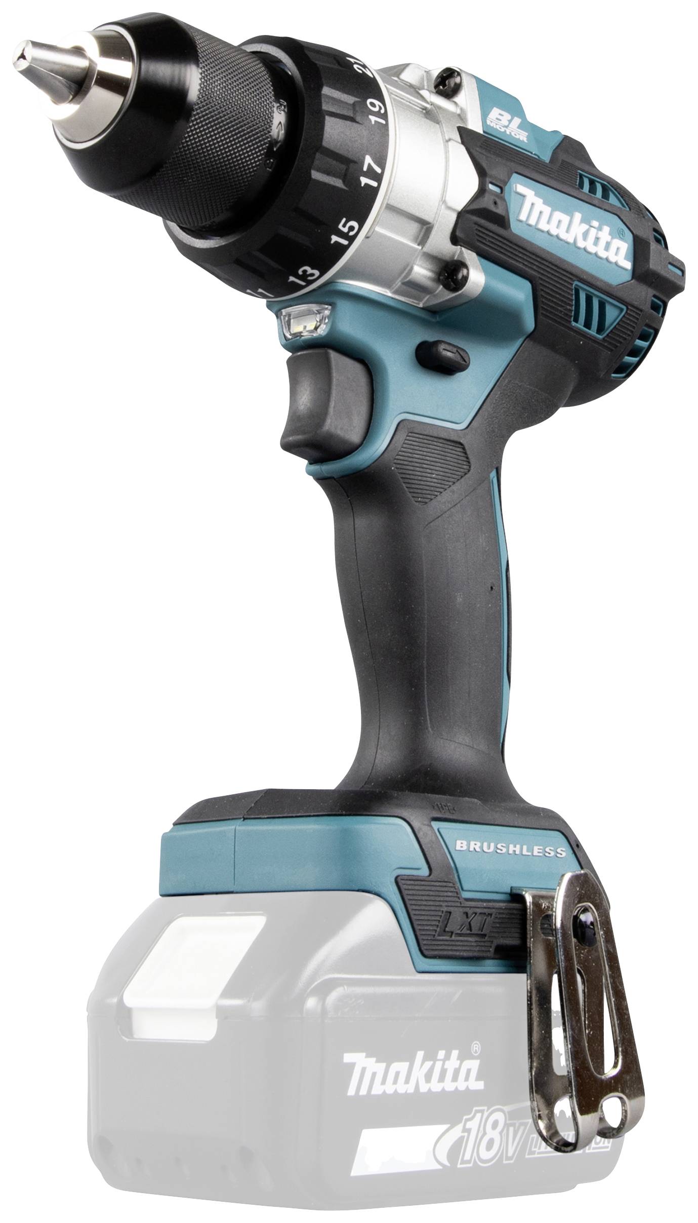 Cordless drill with 18V, blue-black, by Makita, with adjustable torque and brushless motor.