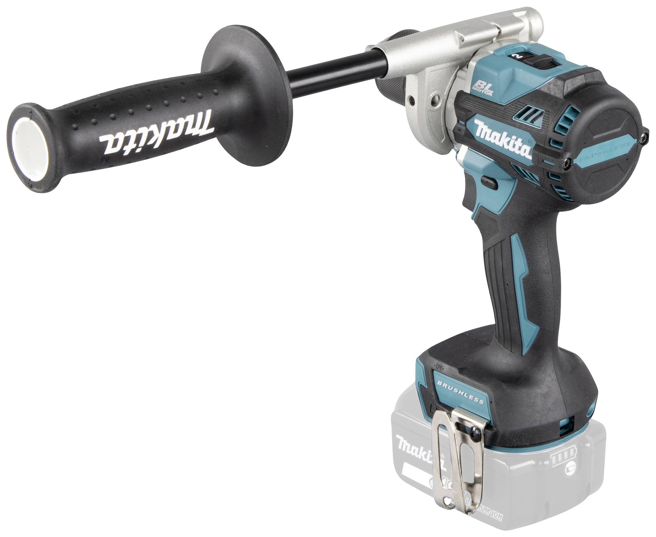 Cordless drill with a blue-black casing and side handle.