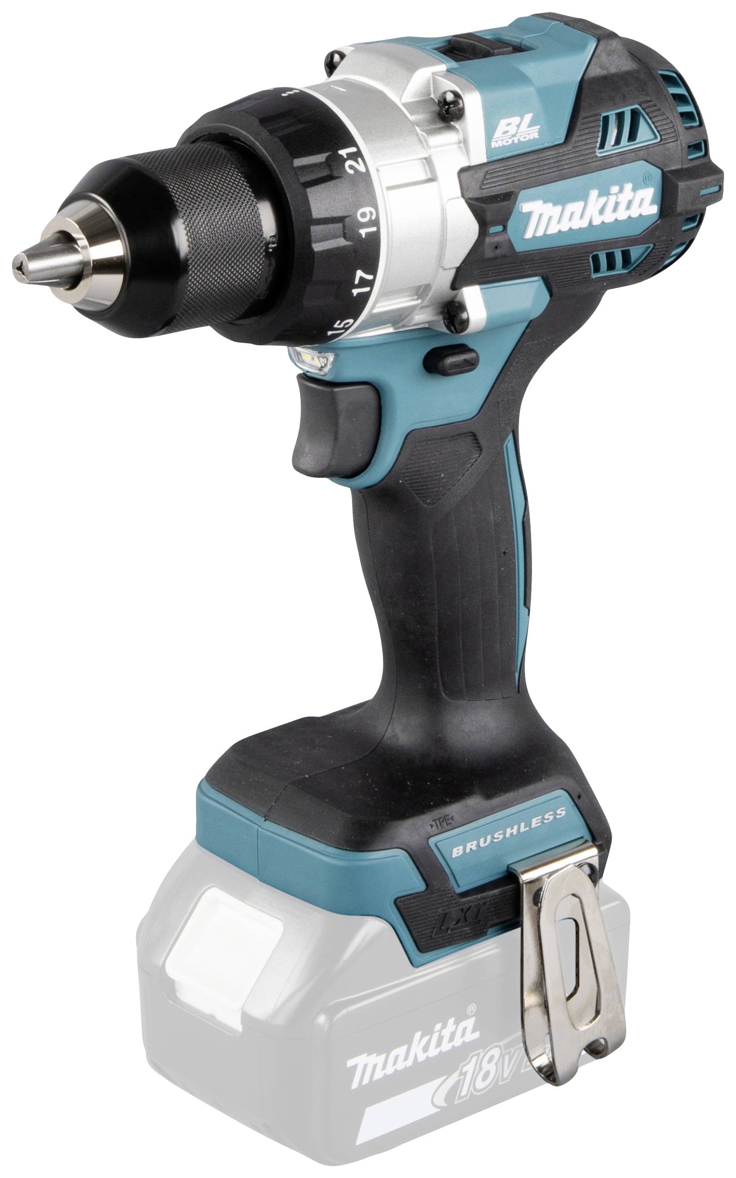 Cordless, battery-powered drill driver in blue and black with a silver drill head and battery on the handle.