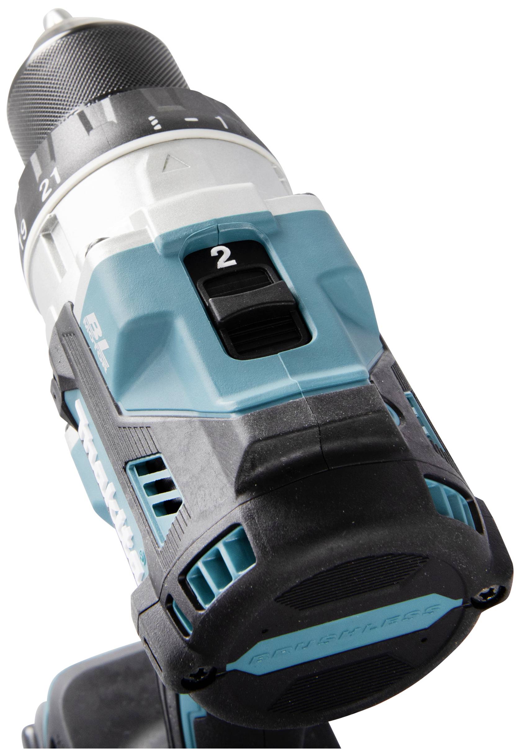 Cordless, blue electric screwdriver with a black handle and speed setting on '2'.
