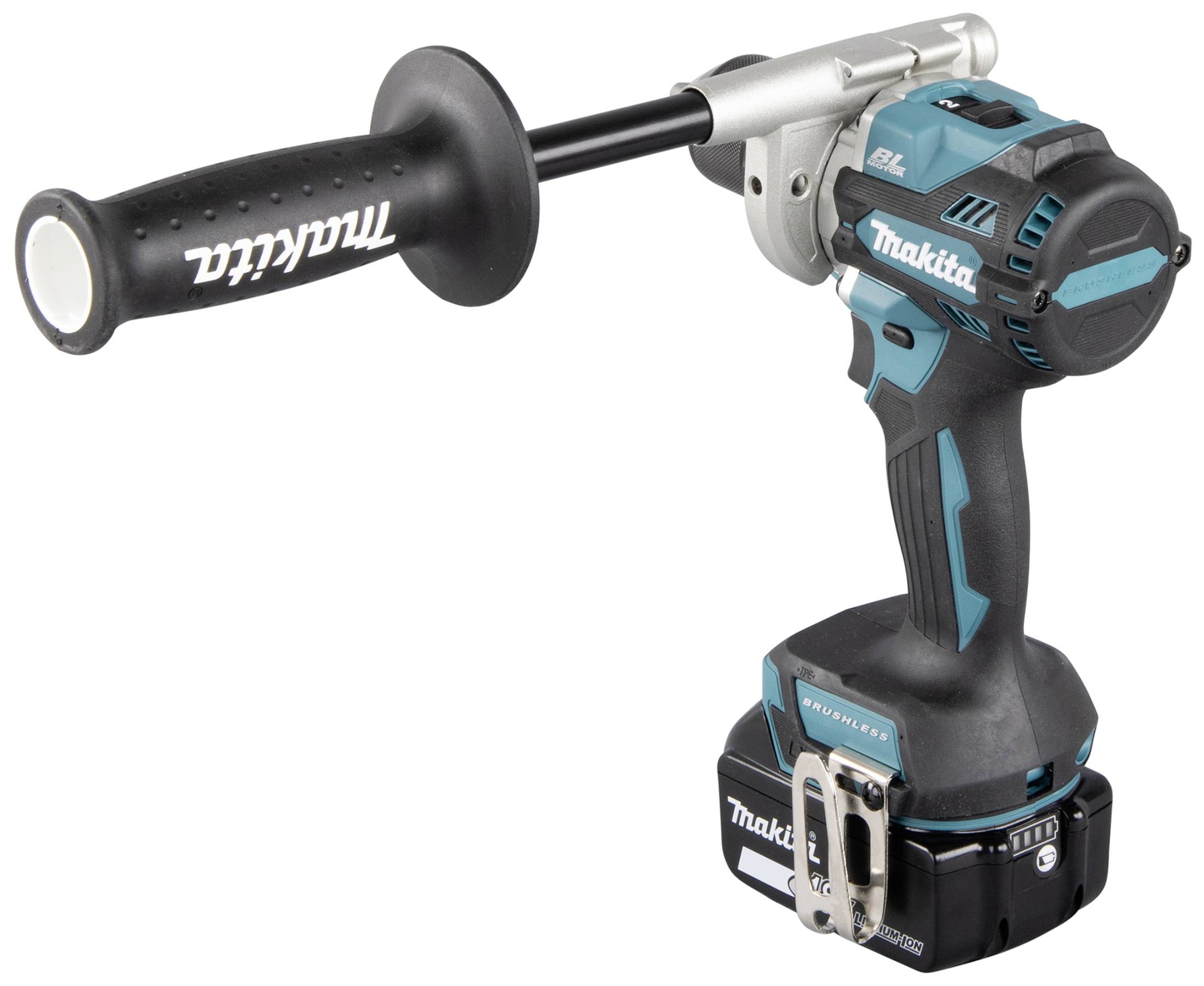 Cordless drill with a black handle and turquoise casing, battery mounted on the underside.