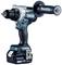 Cordless drill driver with ergonomic handle, brand name on tool. Battery-powered, 18V.