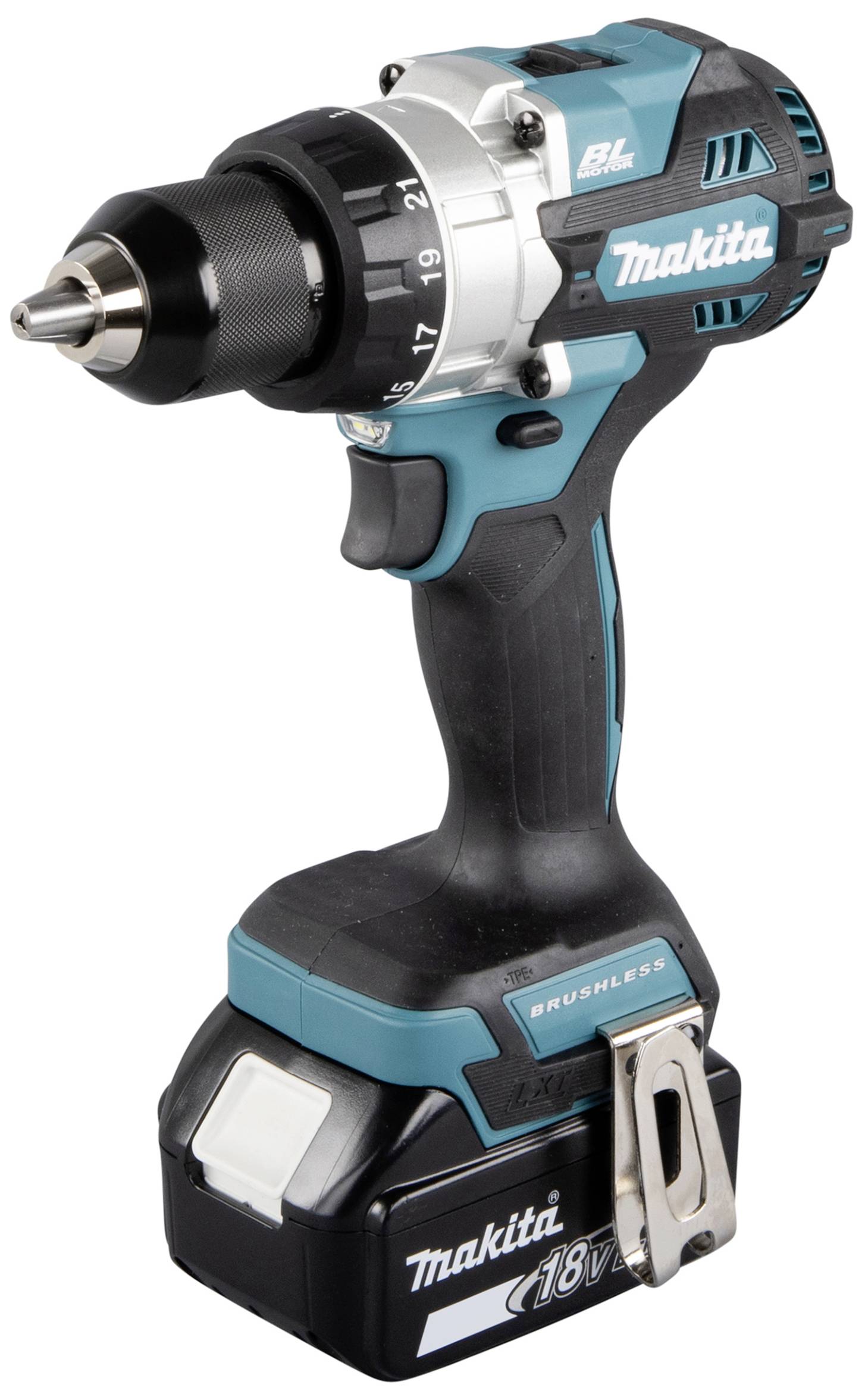 Cordless drill with 18V battery, branded with 'Makita' and 'Brushless'. Compact design with metal chuck and torque settings.