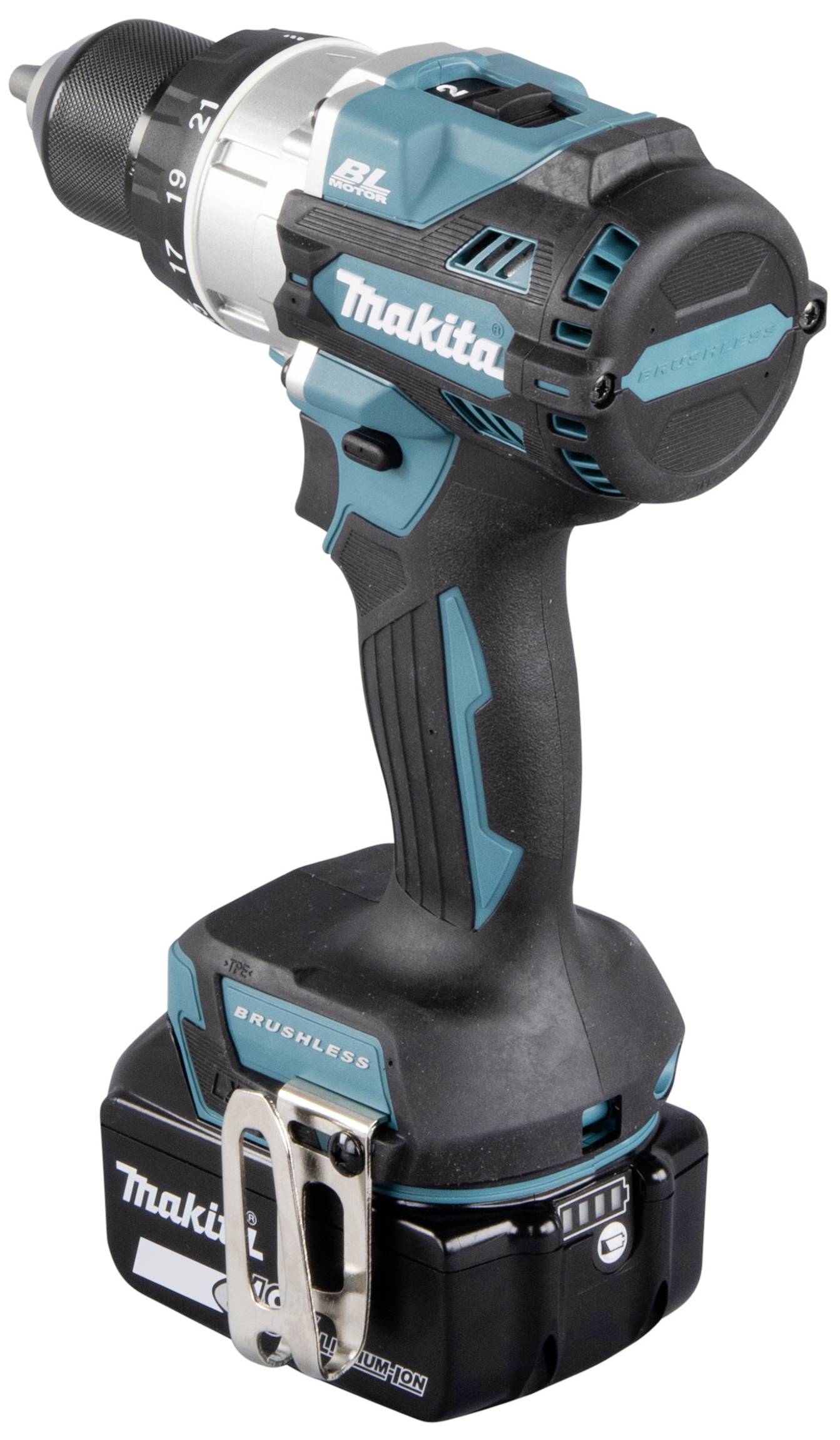 A blue Makita cordless drill with a black grip and battery, marked 'Brushless'. Primary tool for screw-fastening work.
