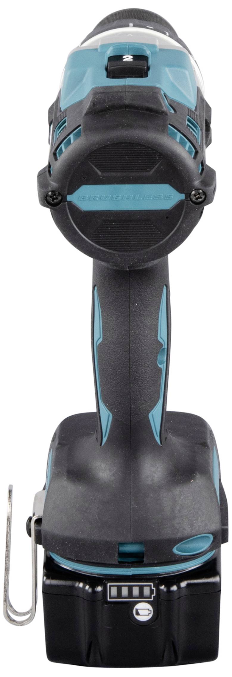 Cordless drill driver in black and turquoise design, pictured from the front.