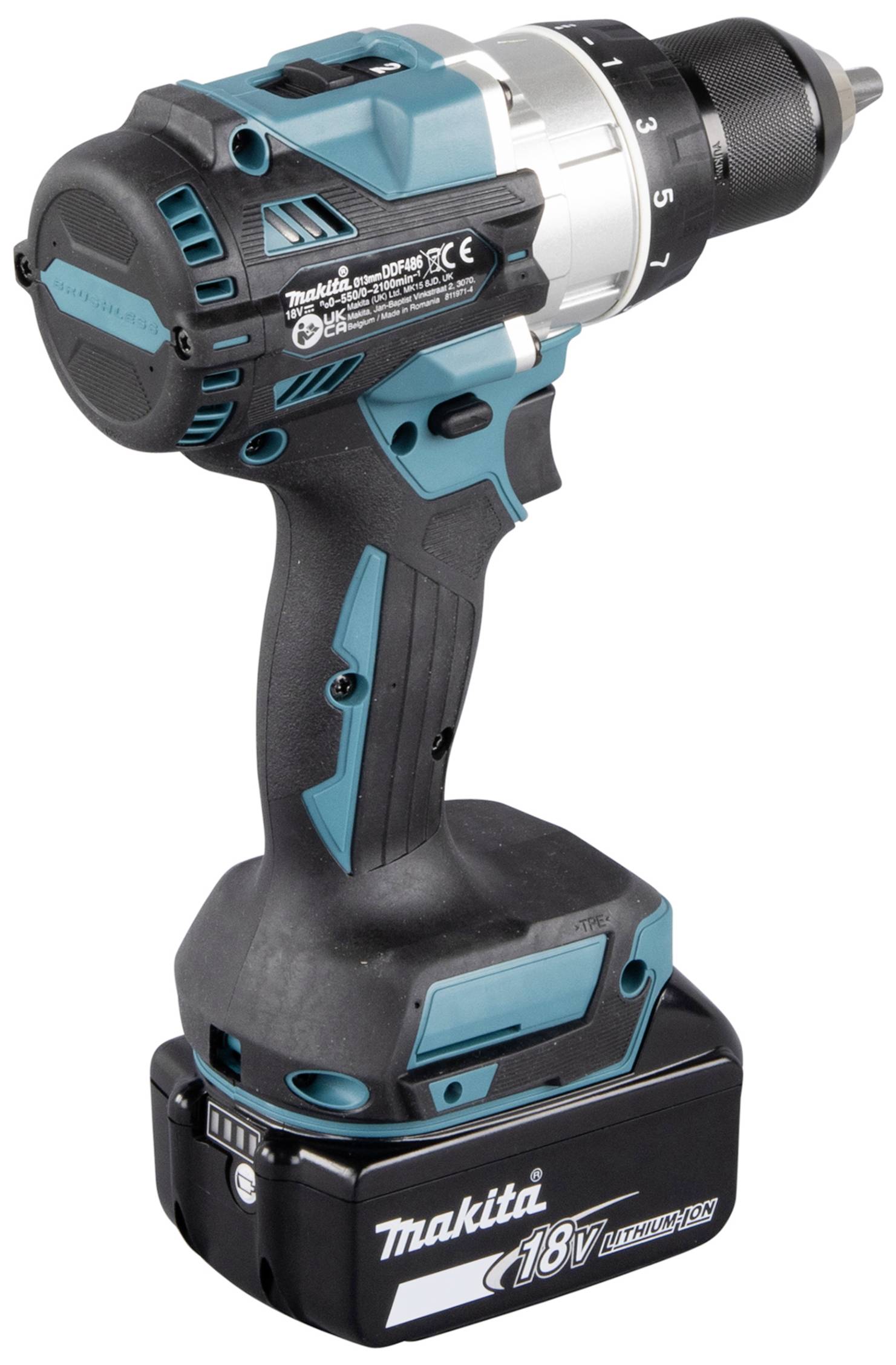 Cordless drill with blue-black casing and 18V lithium-ion battery.