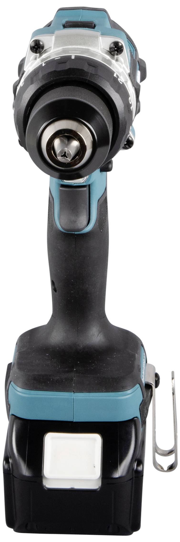 Cordless drill with a black handle and blue casing, photographed from the front.