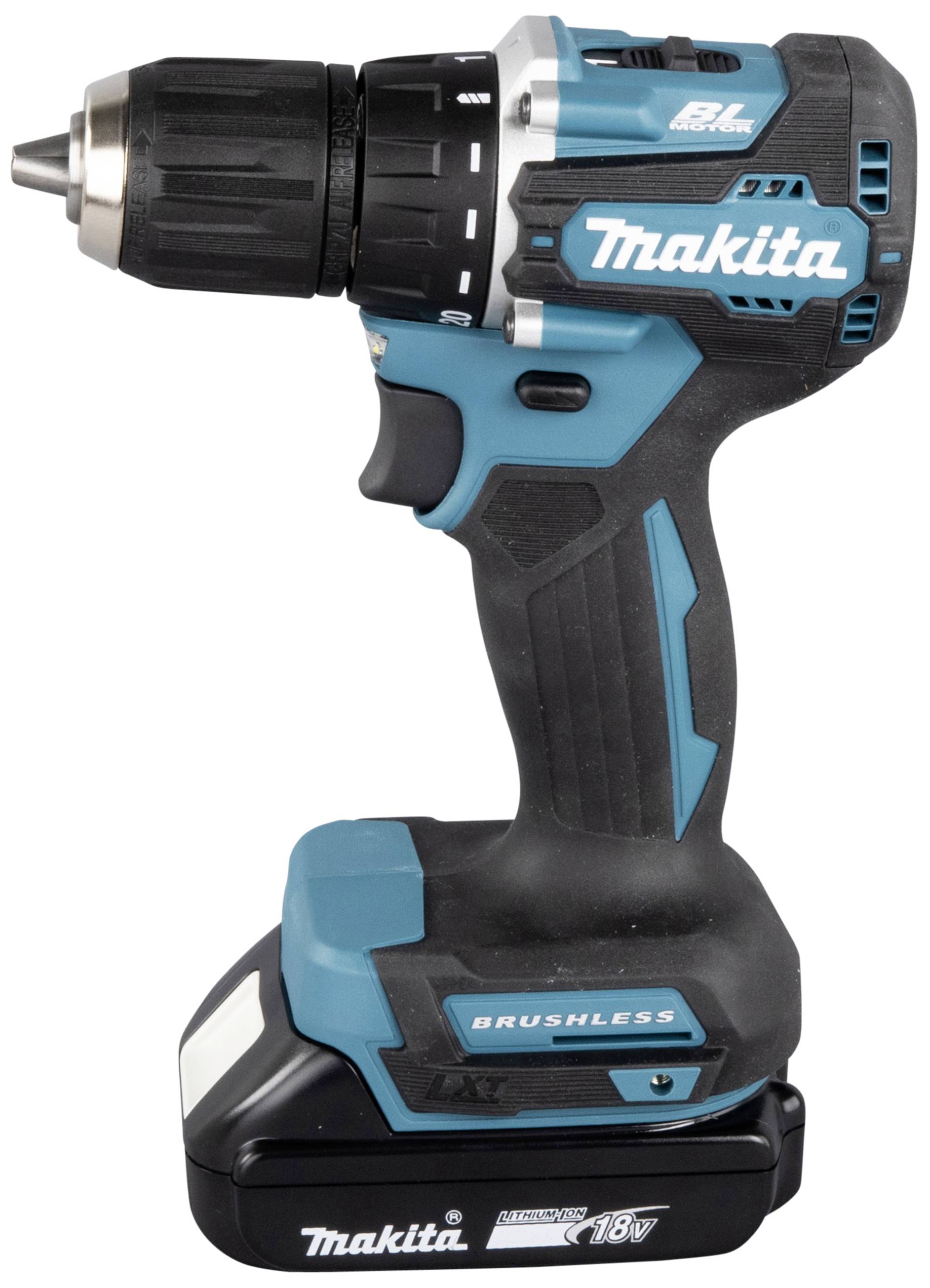 Cordless drill driver in blue and black, branded with 'Makita'. It is compact with a battery mounted at the bottom.