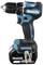 A cordless drill driver with a blue-black design, brand and 'Brushless' label visible. Battery mounted at the base.
