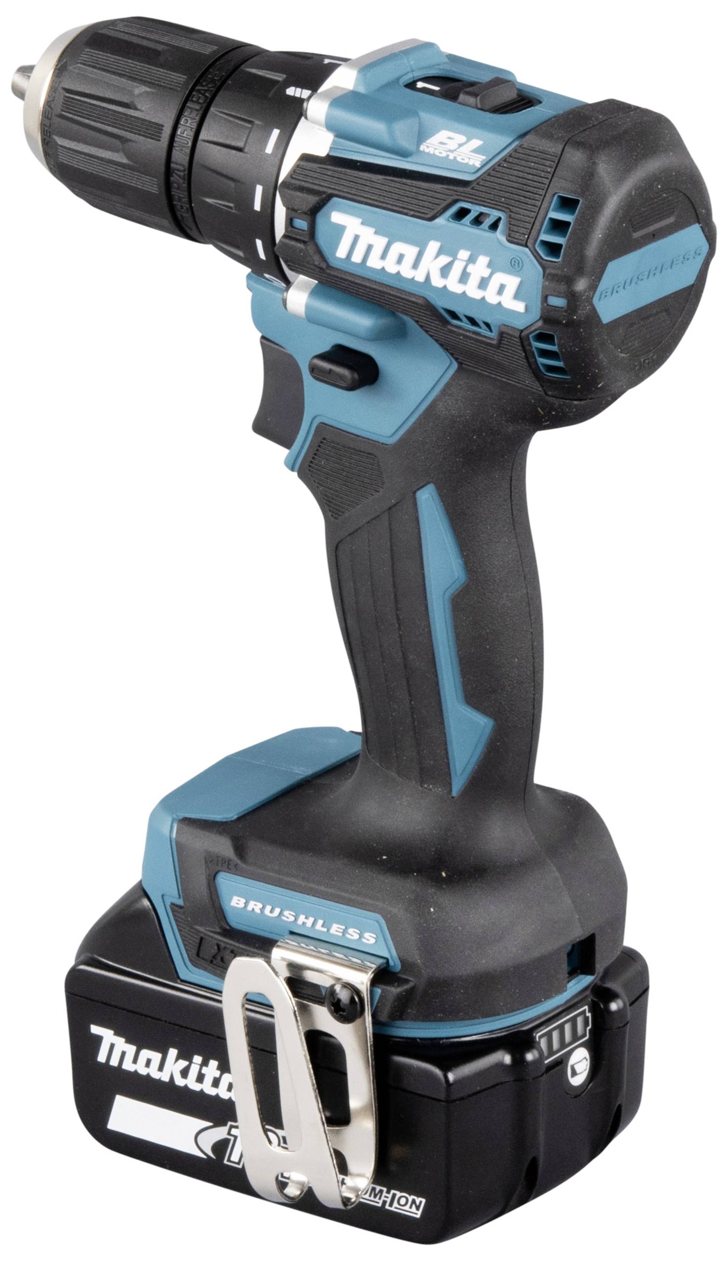 Makita cordless drill with a blue and black casing and silver-coloured chuck, pictured against a white background.