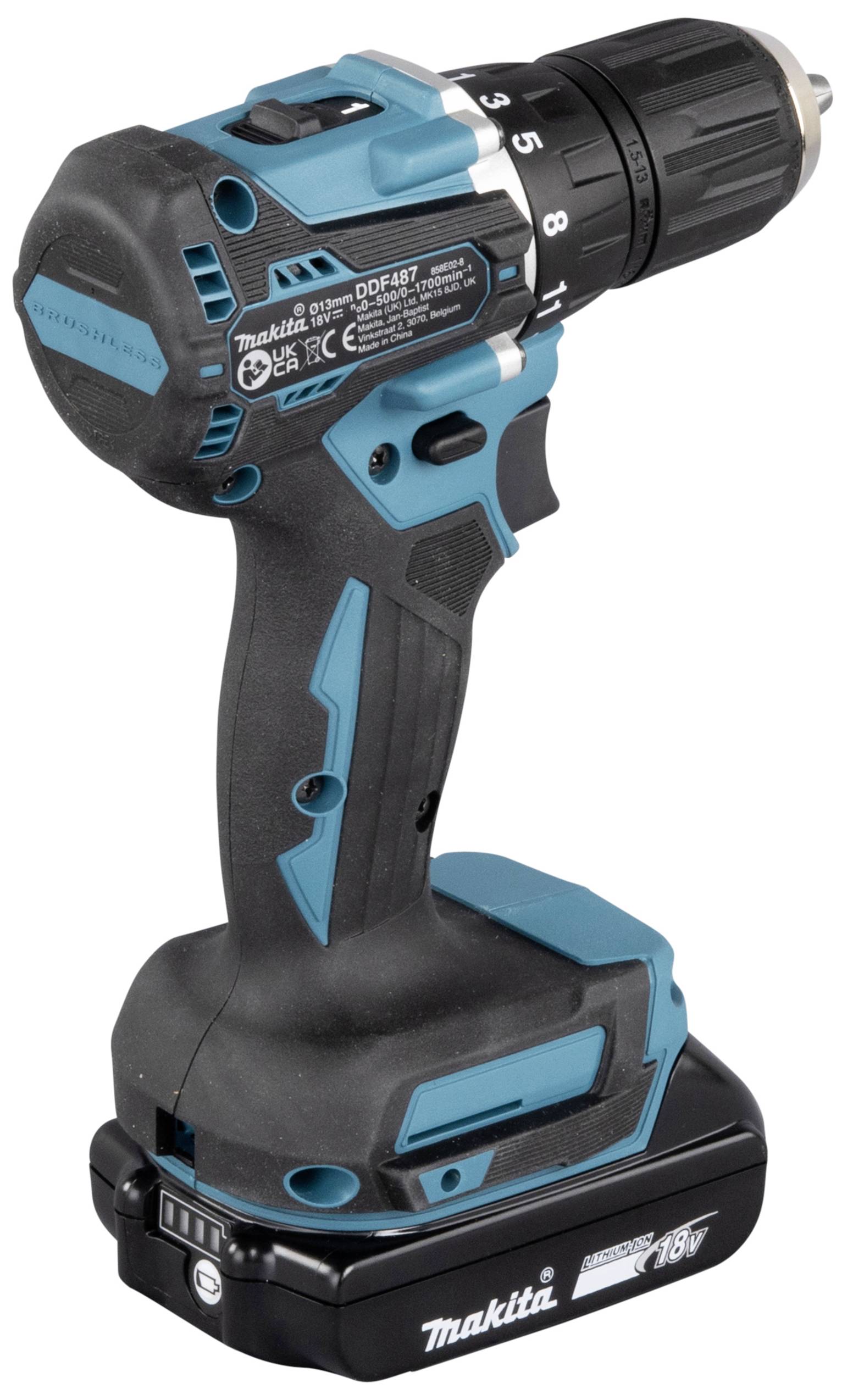 Blue and black cordless drill with Makita logo. Shows adjustment range and ergonomic design. Primarily for trade and craftwork.