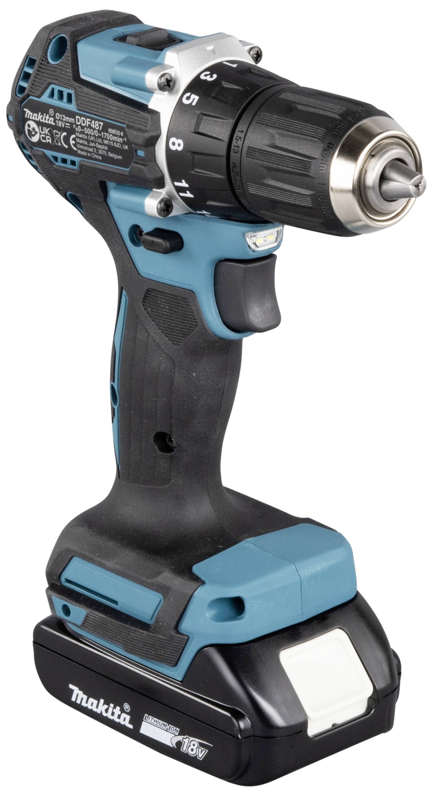 Cordless drill with blue-black casing, numbered torque setting, and battery pack.