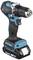 Cordless drill with blue-black casing, numbered torque setting, and battery pack.