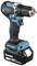 A blue and black Makita cordless drill with an 18V lithium-ion battery, standing freely in an angled overhead shot.