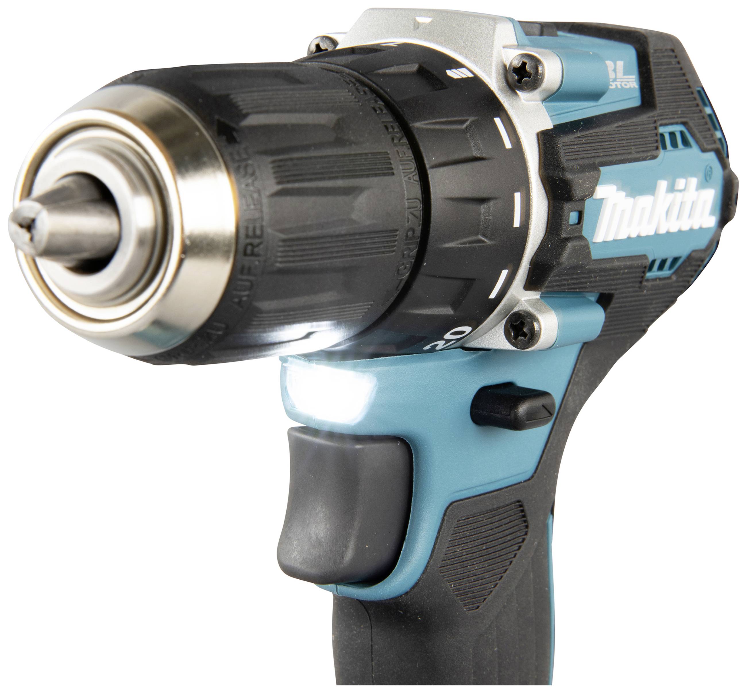 Cordless drill in close-up with a blue-black casing, silver chuck, and illuminating LED light.