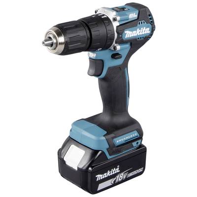 Cordless drill, navy blue with an ergonomic handle and 18V lithium-ion battery. Brand name and motor details are visible.