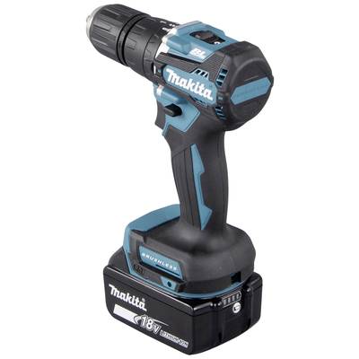 Cordless drill with black and blue casing. Brand name on the side. Battery power: 18V.