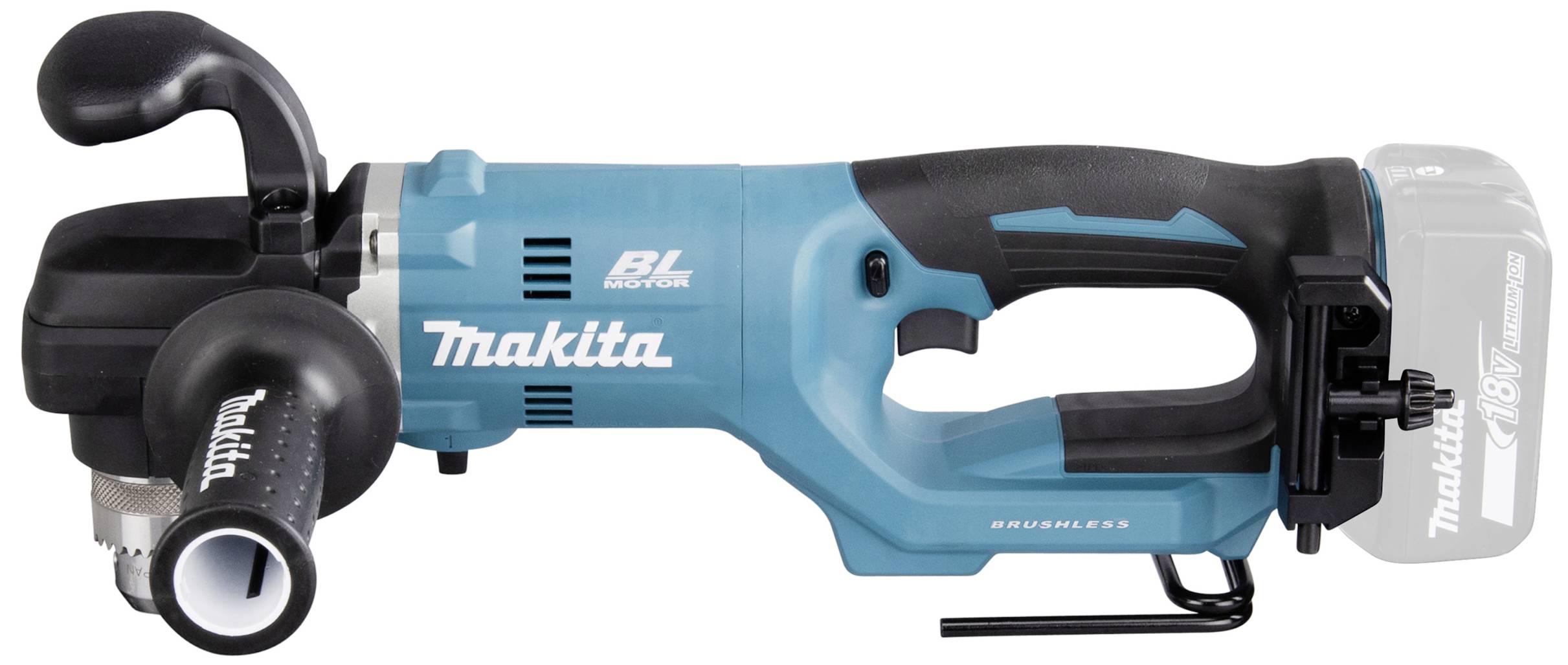 A cordless angle grinder in turquoise by Makita, with an ergonomic handle and removable battery, suitable for versatile grinding tasks.