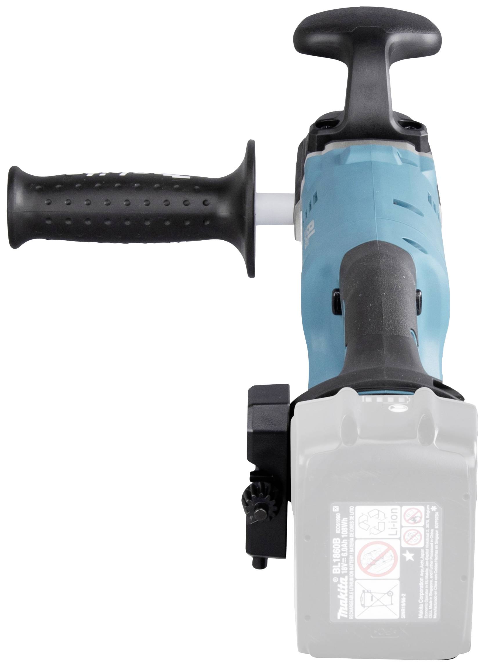 Electric handheld tool with two handles and a removable battery, shown from the front. It has a blue and black casing.