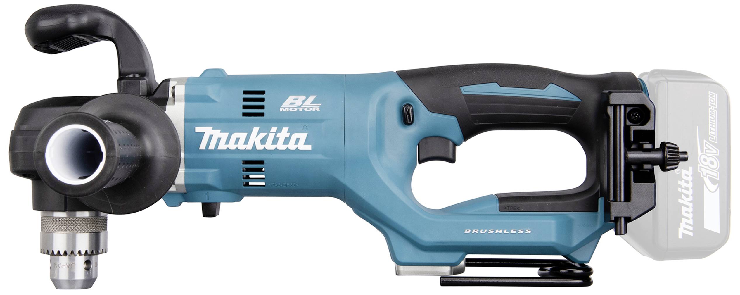Cordless angle drill with a blue-black casing. Tool holder on the front, handle with a grey accent.