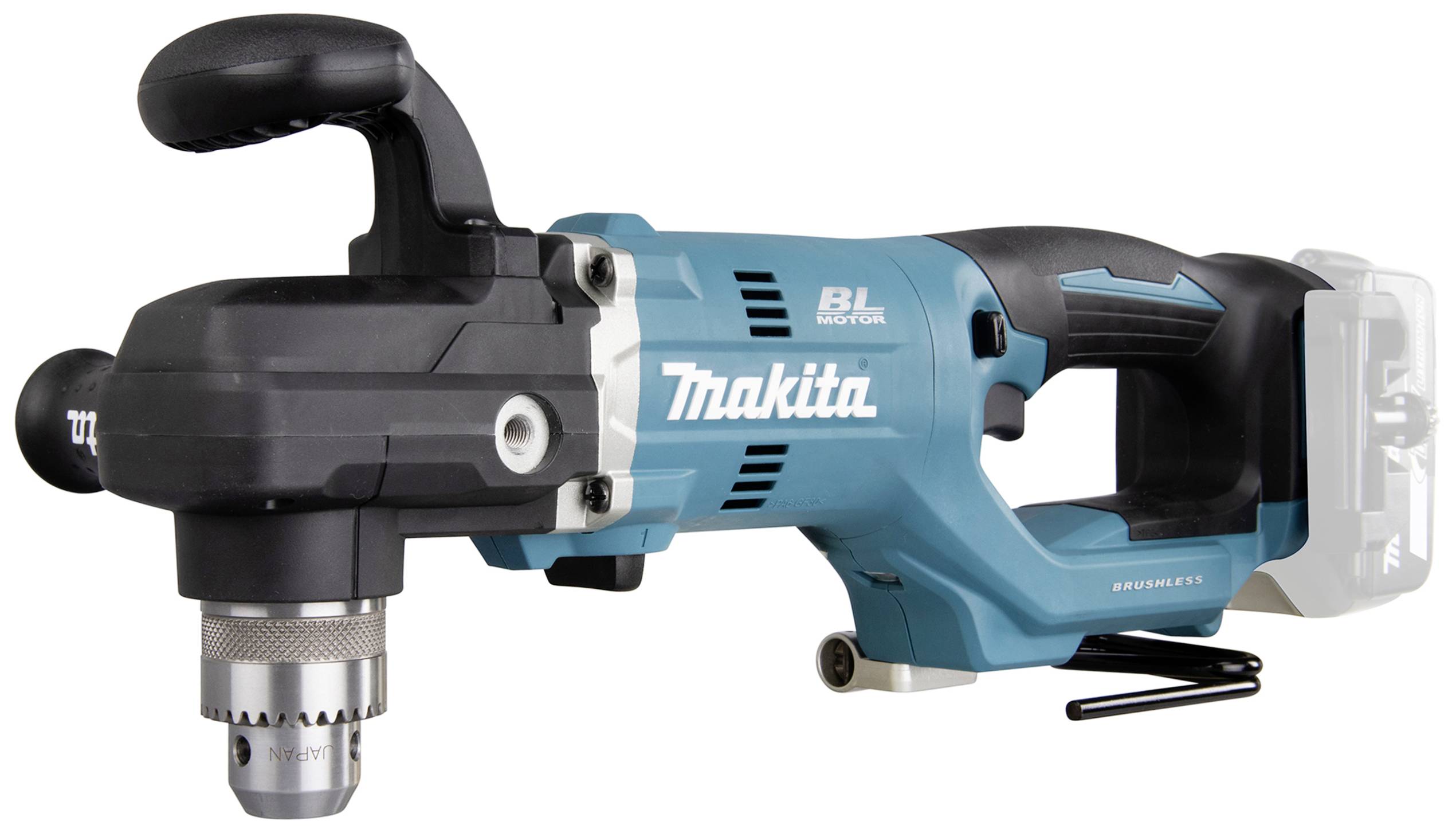 Cordless drill in blue-black design, with side handle and brand logo on the side. Ideal for drilling work.